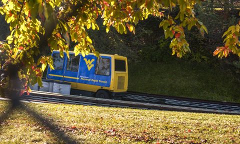 Gold and Blue PRT car as seen through the trees